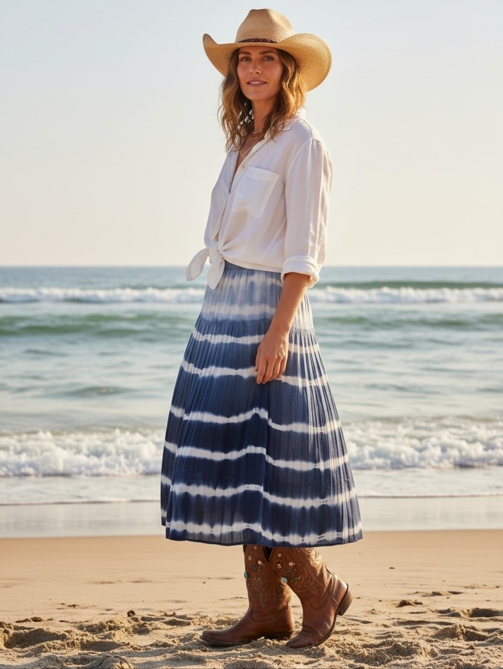 Chaps Navy and White Tie-Dye Pleated Midi Skirt